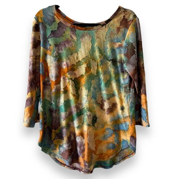 Karen Kane Tie Dye Leaf Print Burnout‎ Shirttail Blouse Top Blue Brown Medium - Picture 2 of 14